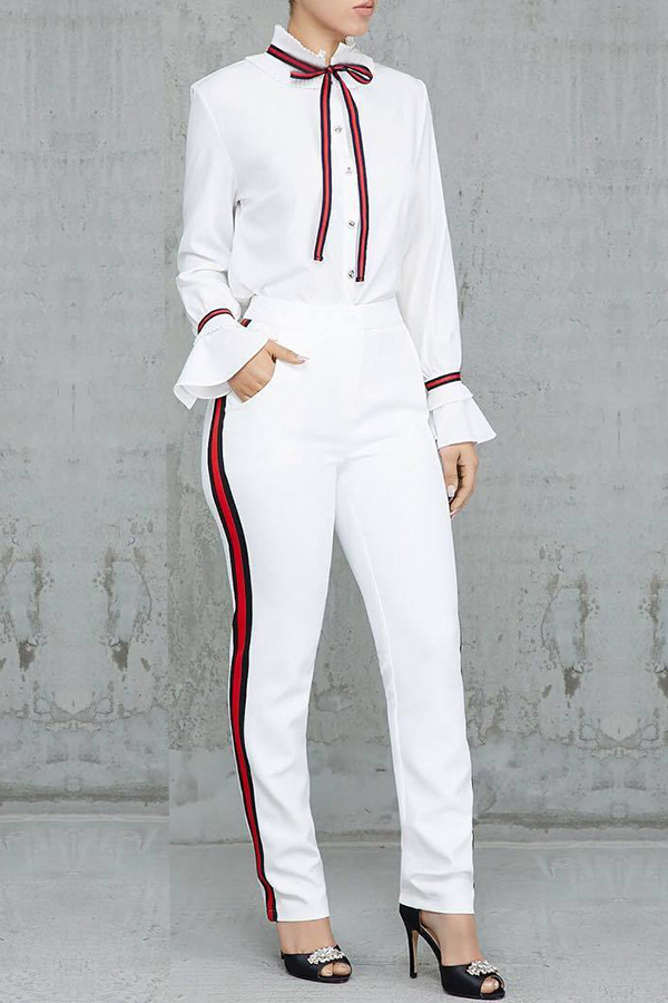 

Lovely Sweet Long Sleeves Patchwork White Blending Two-piece Pants Set