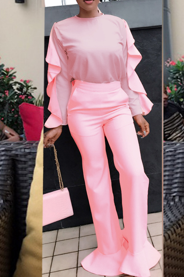 

Lovely Sweet Long Sleeves Flounce Pink Twilled Satin Two-piece Pants Set