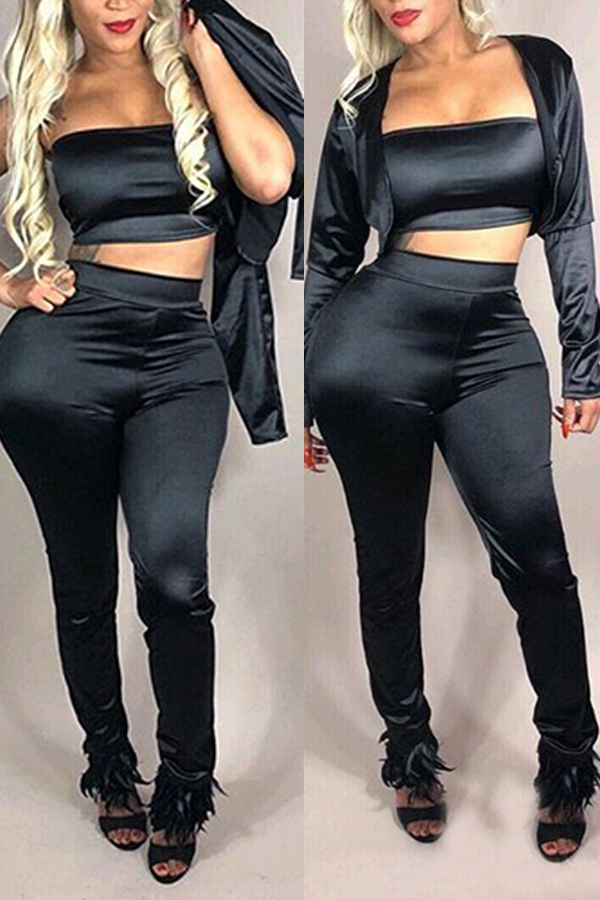 

Lovely Casual Long Sleeves Black Two-piece Pants Set(With Coat)