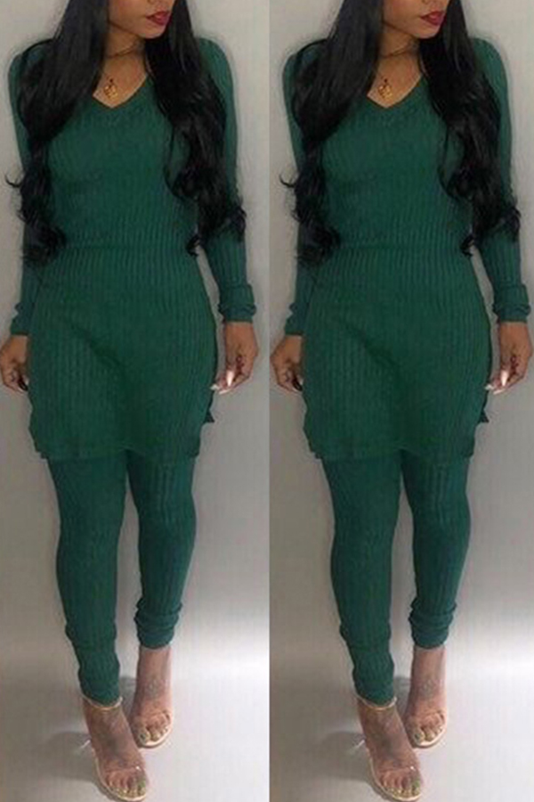 

Lovely Casual Long Sleeves Blackish Green Blending Two-piece Pants Set