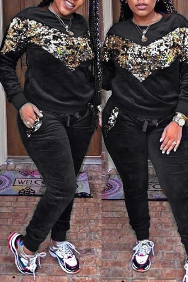 

Lovely Casual Patchwork Sequined Decorative Black Velvet Two-piece Pants Set