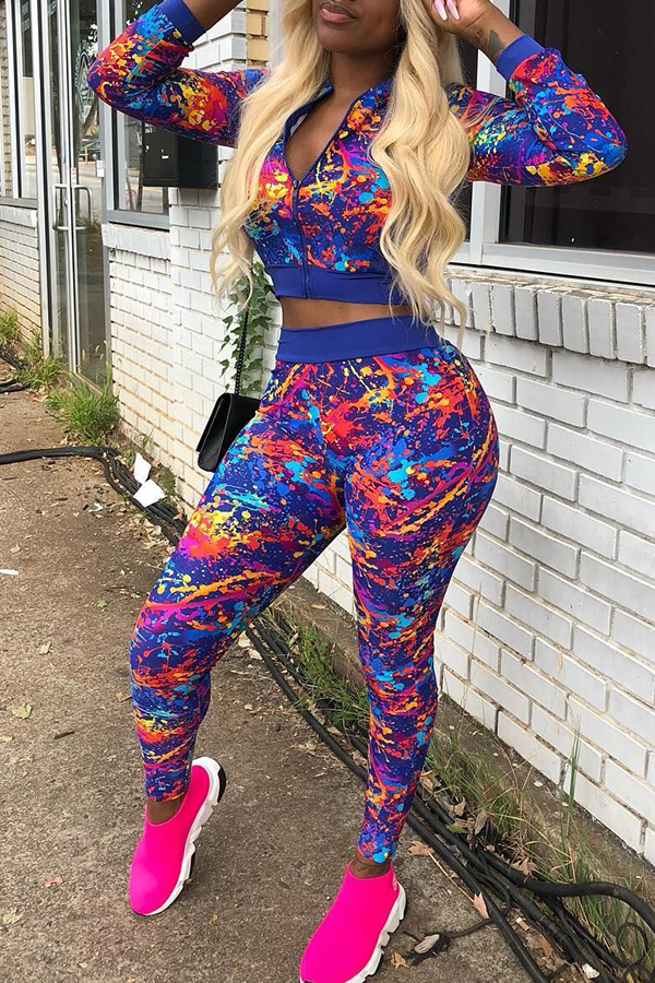 

Lovely Euramerican Long Sleeves Printed Skinny Blue Twilled Satin Two-piece Pants Set