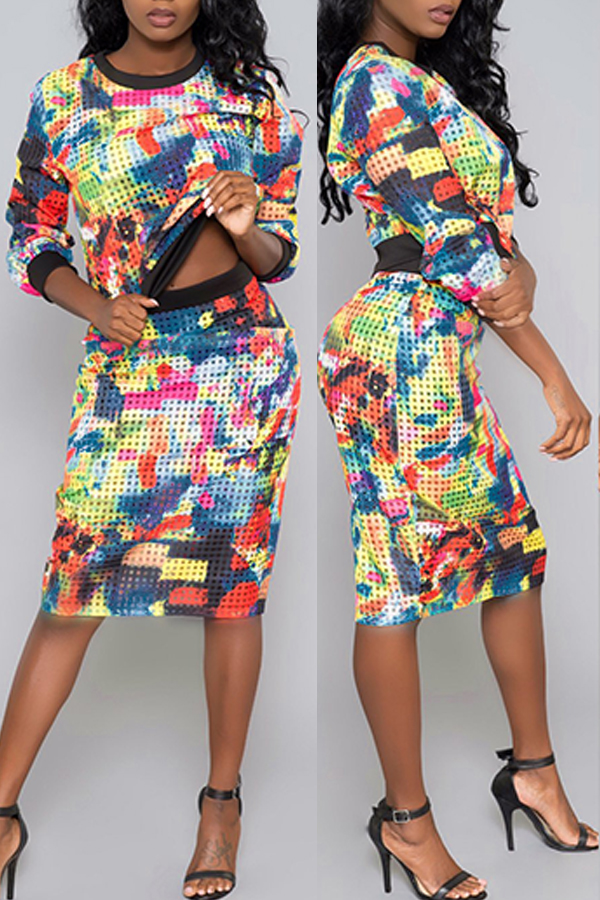 

Lovely Trendy Long Sleeves Printed Multicolor Two-pieces Skirt Set