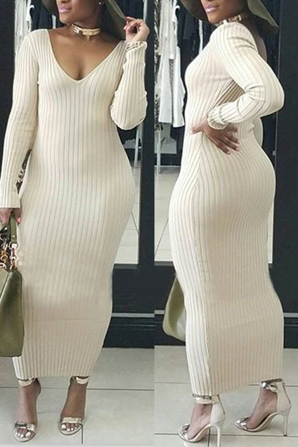 

Lovely Casual Long Sleeves Slim Beige Cotton Ankle Length Dress