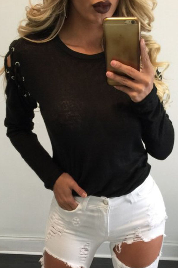 

Lovely Casual Long Sleeves Lace-up Black T-shirt