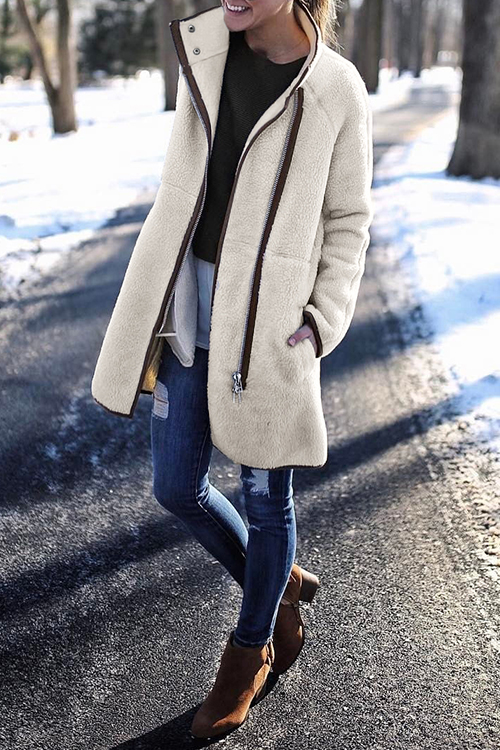 

Lovely Trendy Patchwork Long Beige Blending Coat
