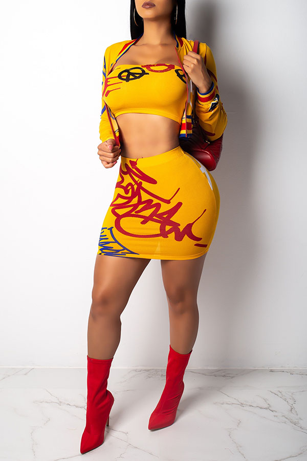 

Lovely Trendy Letters Printed Yellow Two-piece Skirt Set( Batch Print,Without Boob Tube Top)
