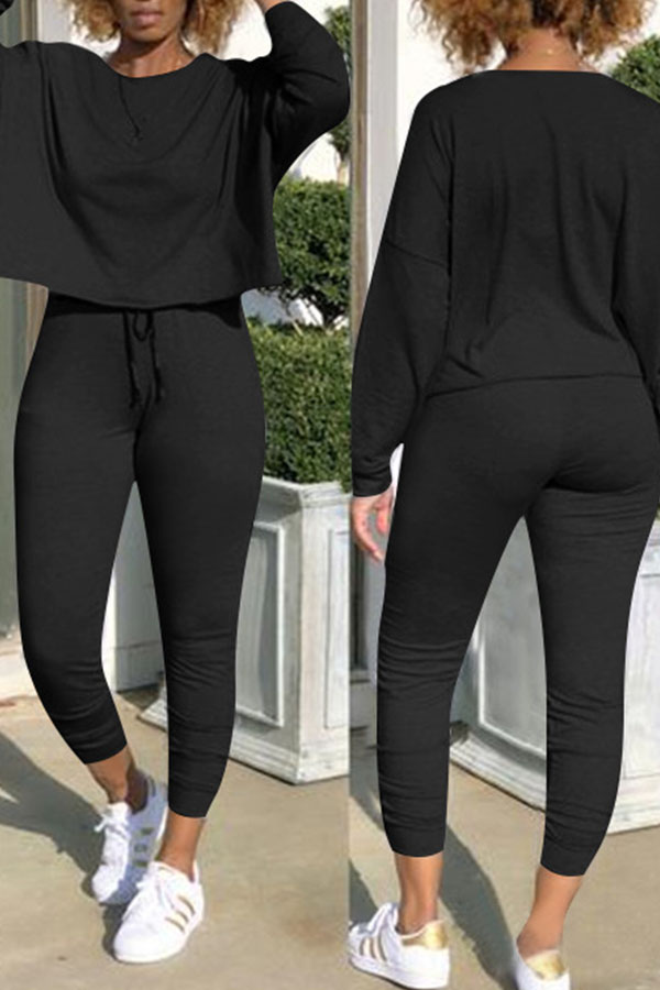 

Lovely Casual Batwing Sleeves Black Blending Two-piece Pants Set