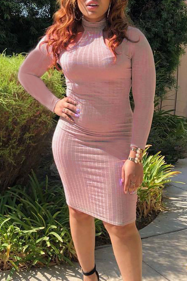 

Lovely Euramerican Long Sleeves Slim Dusty Pink Knee Length Dress