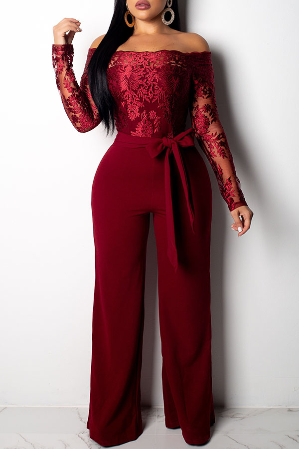

Lovely Elegant Patchwork Lace-up Loose Wine Red One-piece Jumpsuit