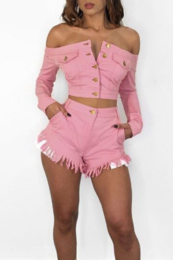 

Lovely Chic Open Front With Buttons Pink Two-piece Shorts Set