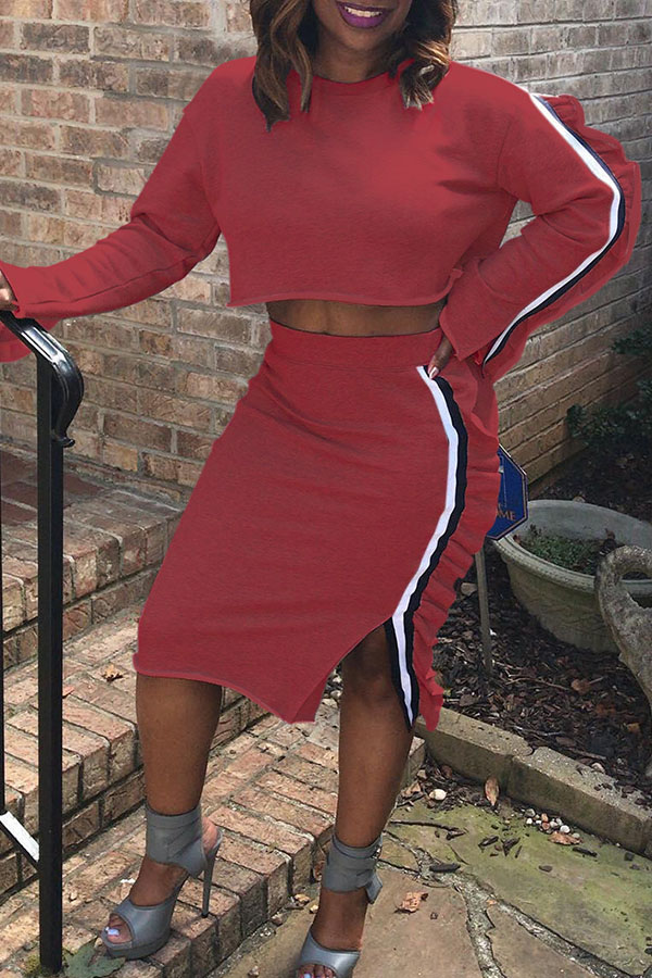 

Lovely Casual Long Sleeves Red Cotton Two-piece Skirt Set