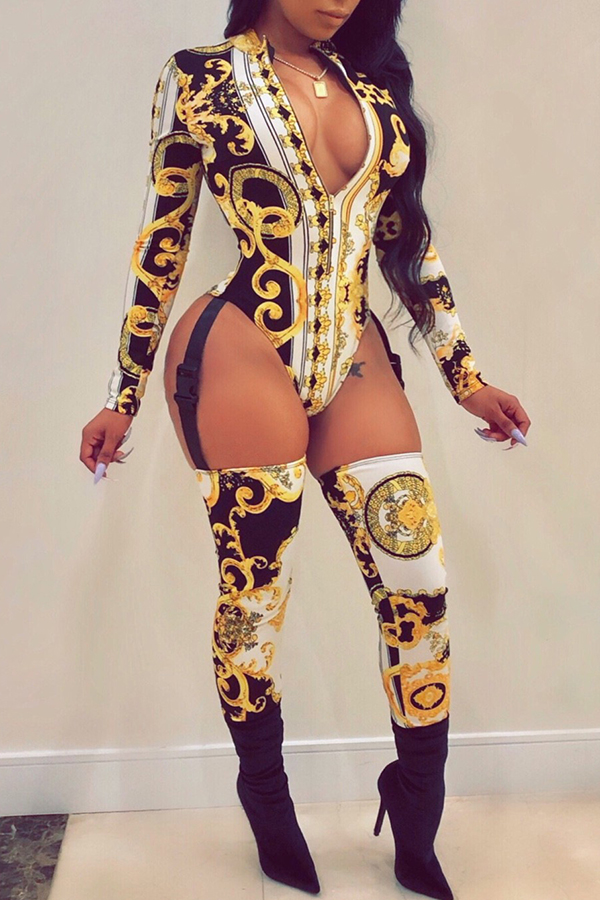 

Lovely Sexy Long Sleeves Printed Black One-piece Jumpsuit