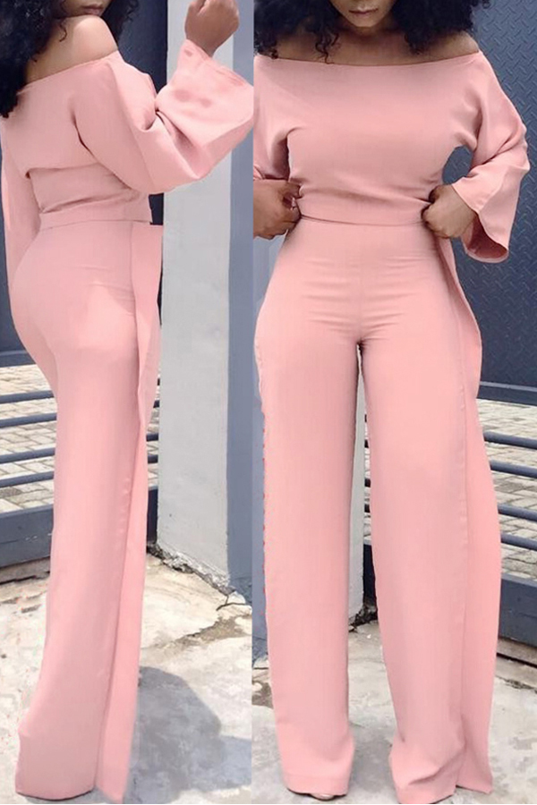 Lovely Casual Dew Shoulder Flounce Pink Twilled Satin Two-piece Pants Set