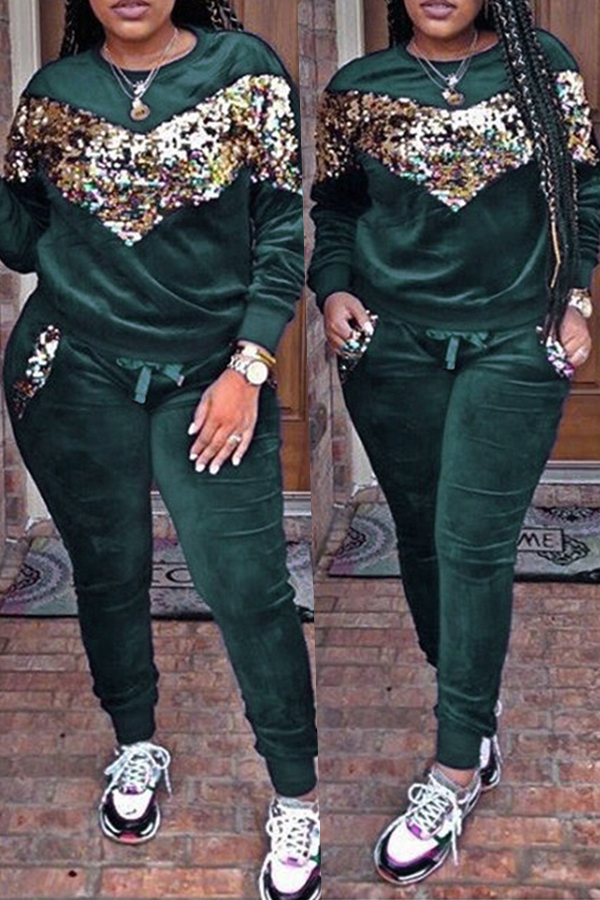 

Lovely Casual Patchwork Sequined Decorative Blackish Green Velvet Two-piece Pants Set
