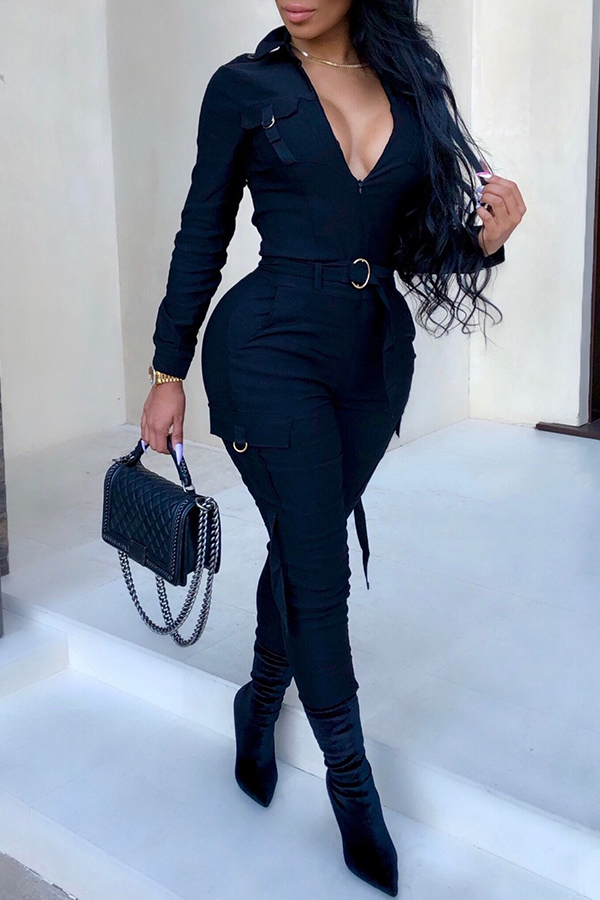 

Lovely Chic Pockets Skinny Black One-piece Jumpsuit(Without Belt)