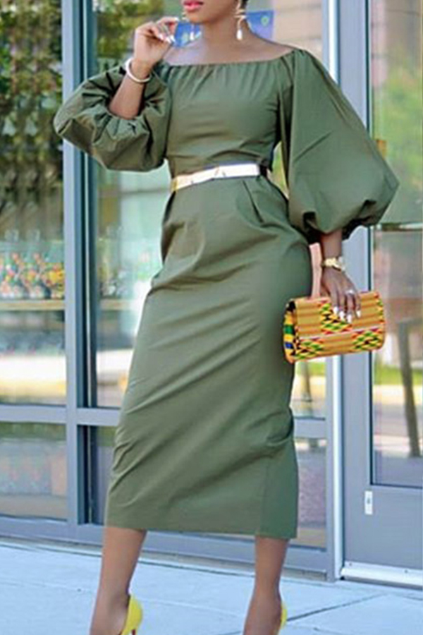 

Lovely Chic Lantern Sleeves Light Green Mid Calf Dress(Without Belt)