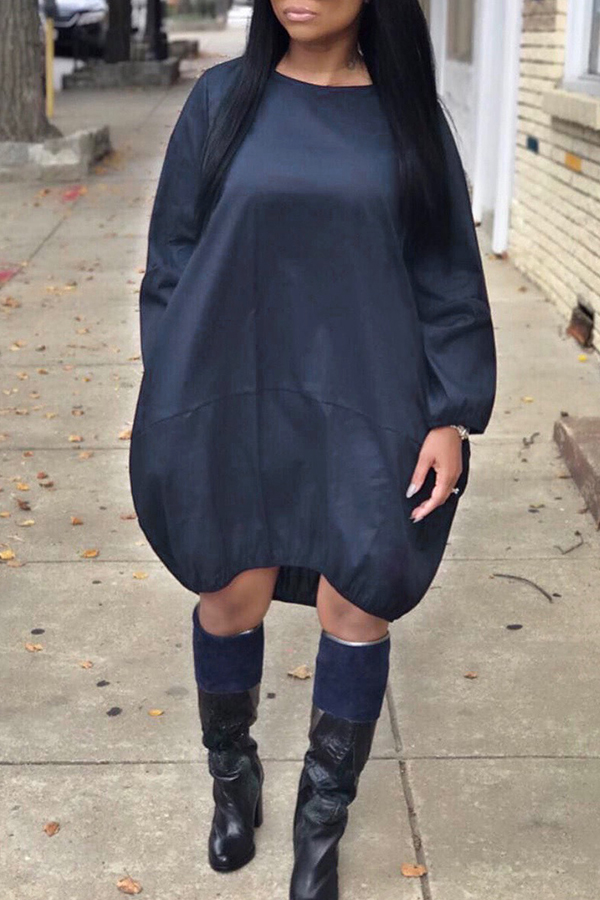 

Lovely Euramerican Long Sleeves Loose Dark Blue Knee Length Dress