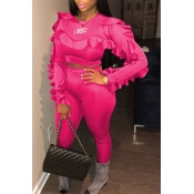 Lovely Casual Long Sleeves Flounce Pink Blending T