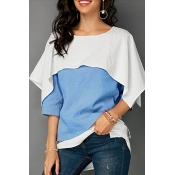 Lovely Casual Color-lump Patchwork Blue Knitting T
