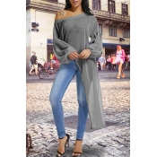 Lovely Casual Lantern Sleeves Irregular Hems Grey 