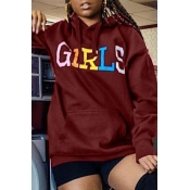 Lovely Casual Letters Printed Wine Red Hoodies