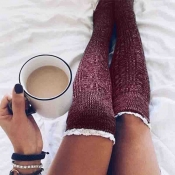 Lovely Casual Patchwork Long Wine Red Socks