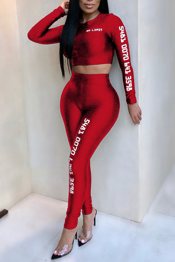 Lovely Casual Letters Printed Red Polyester Two-piece Pants Set