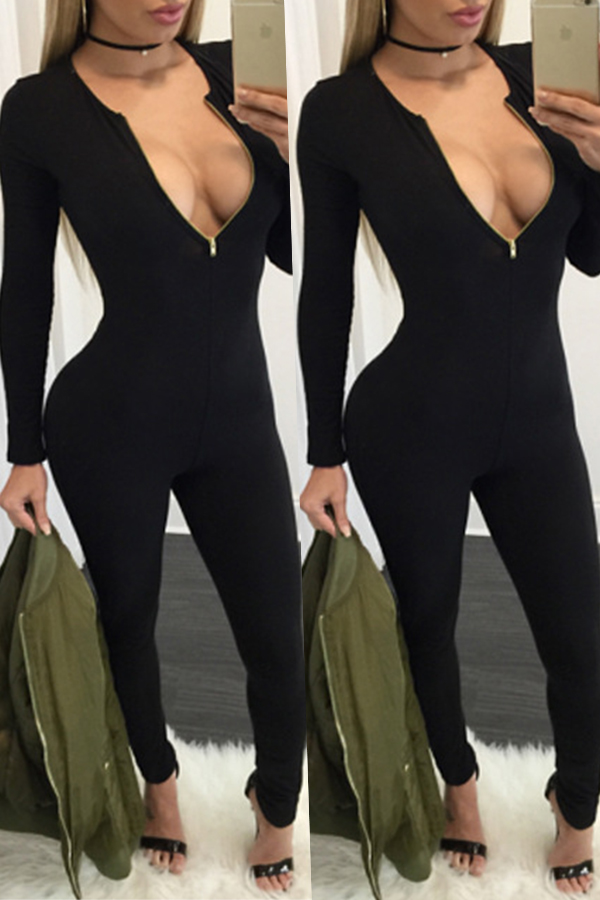 

Lovely Casual Zipper Black Blending One-piece Jumpsuit