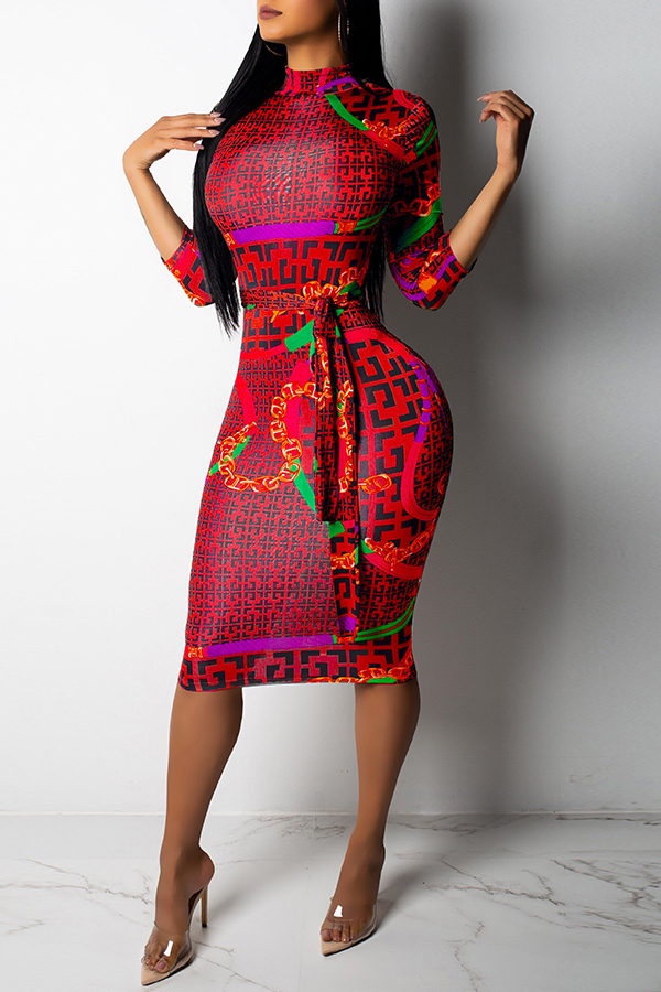 Lovely Casual Camouflage Printed Red Blending Knee Length Dress_Dresses