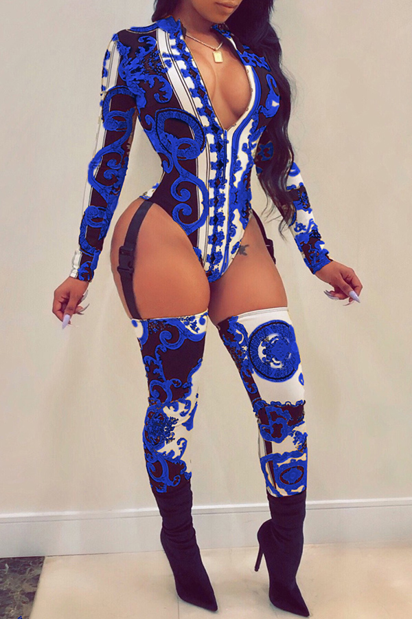 

Lovely Sexy Long Sleeves Printed Royalblue One-piece Jumpsuit