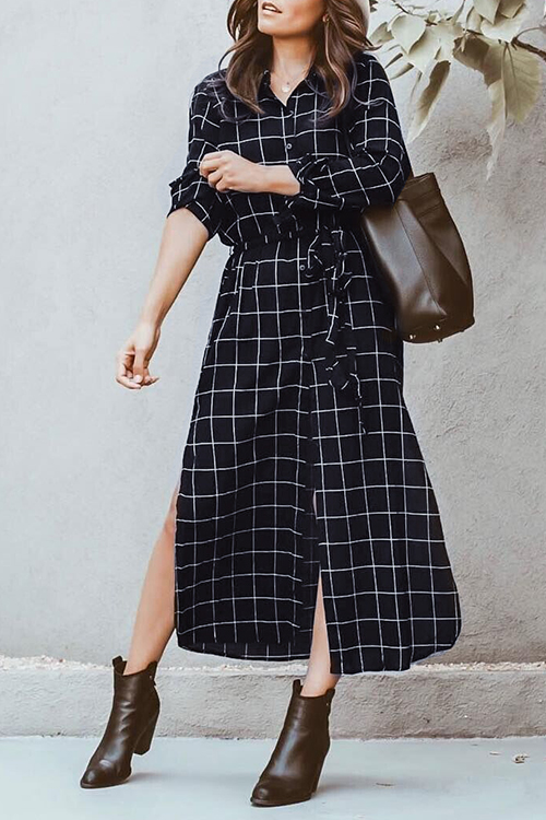 

Lovely Casual Grids Printed Black Cotton Blends Mid Calf Dress