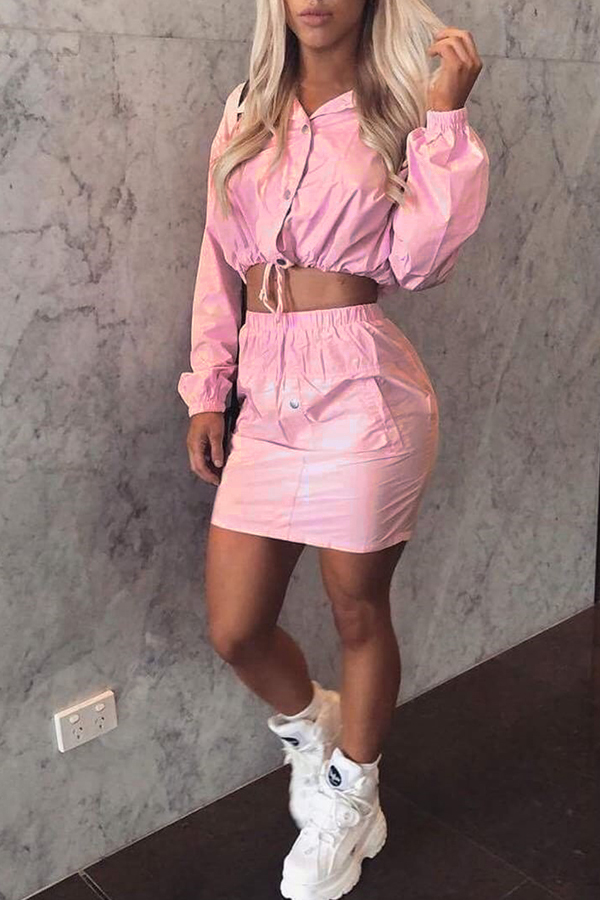 

Lovely Casual Turndown Collar Long Sleeves Light Pink Two-piece Skirt Set