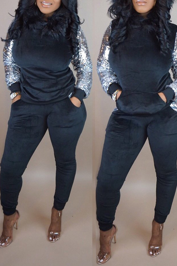 

Lovely Casual Sequined Patchwork Black Two-piece Pants Set