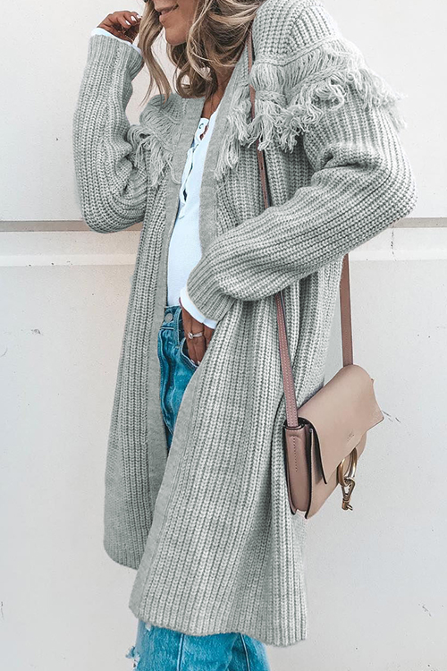 

Lovely Fashion Long Sleeves Tassel Grey Sweater Cardigans