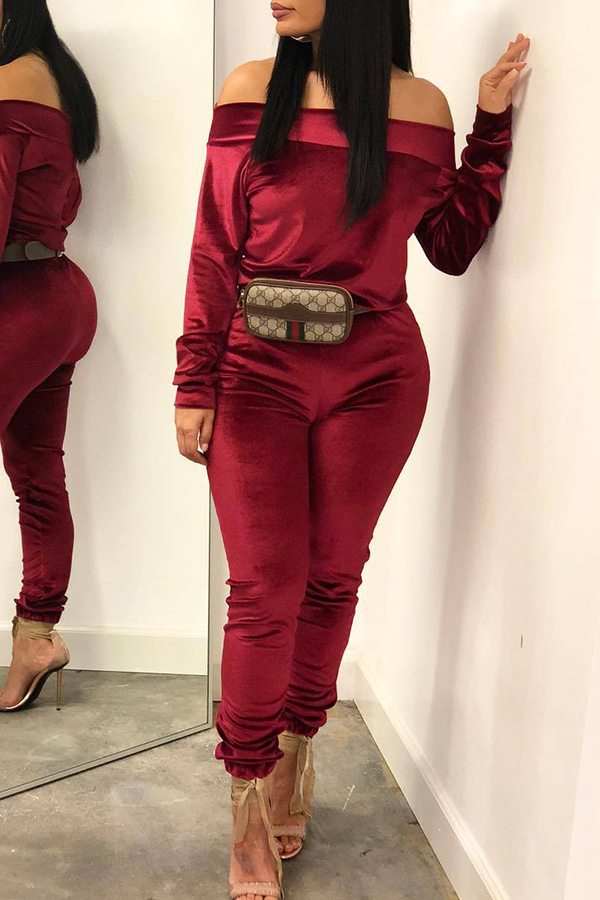 

Lovely Casual Dew Shoulder Wine Red Corduroy Two-piece Pants Set