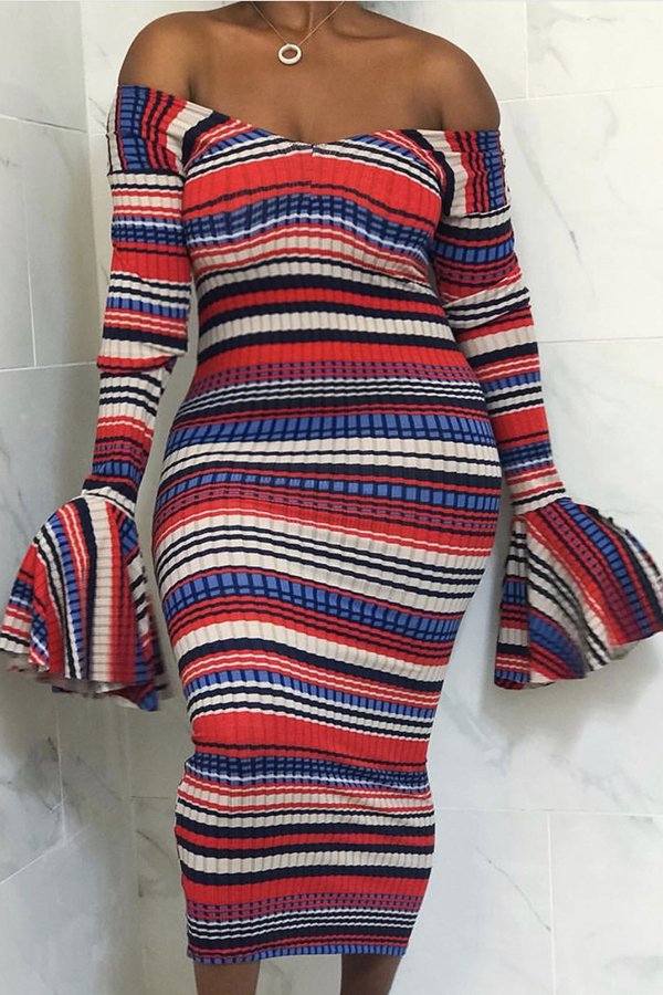Lovely Temperament Striped Red Blending Mid Calf Dress