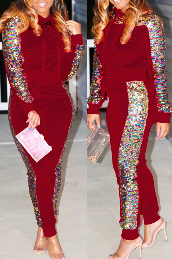

Lovely Casual Sequined Decorative Red Two-piece Pants Set