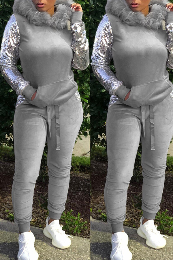 

Lovely Casual Sequined Patchwork Grey Two-piece Pants Set