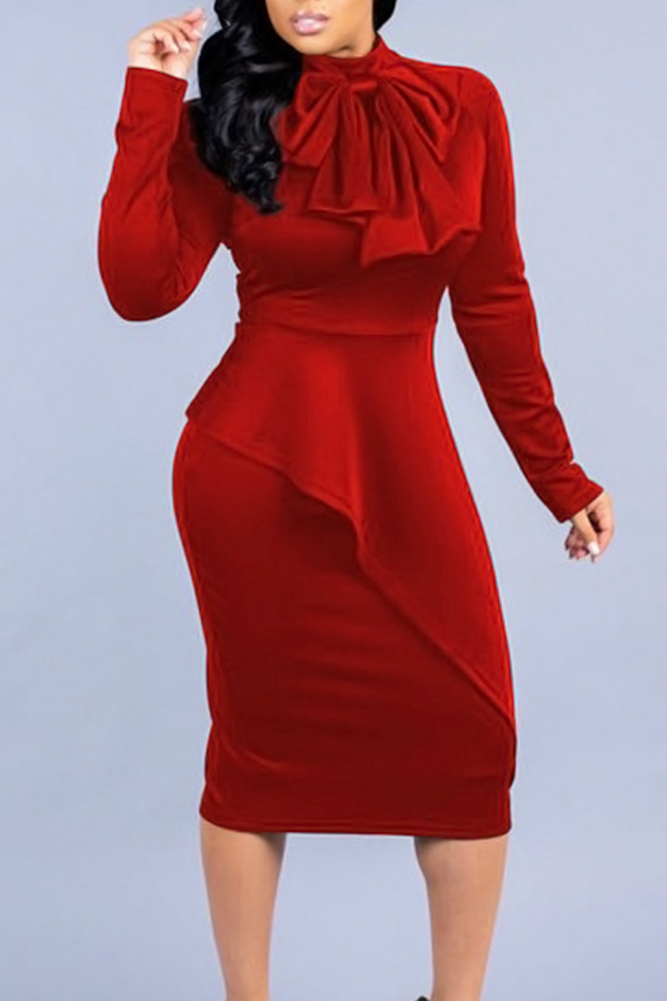 

Lovely Elegant Long Sleeves Red Mid Calf Dress