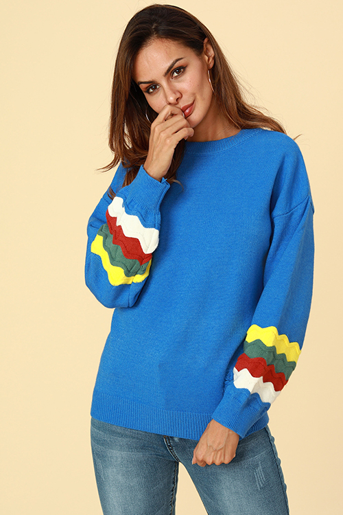 

Lovely Chic Patchwork Loose Blue Cotton Sweaters