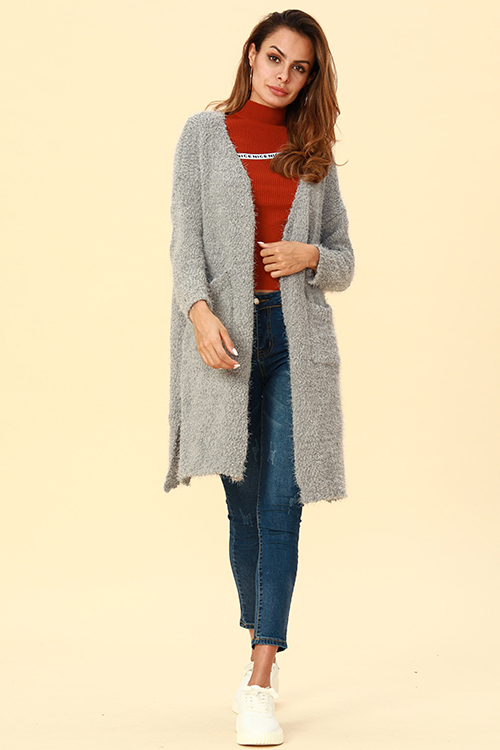 

Lovely Casual Pockets Grey Blending Cardigan Sweaters