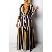 Lovely Fashion Striped Dark Blue Floor Length Dres