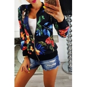 Lovely Casual Floral Printed Black Coat