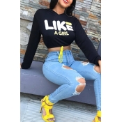 Lovely Casual Long Sleeves Letters Black Twilled S