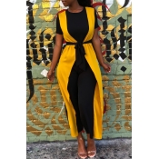 Lovely Casual Patchwork Black Twilled Satin One-pi