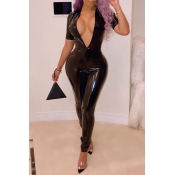 Lovely Sexy Deep V Black PU One-piece Jumpsuit