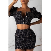 Lovely Spiffy Grid Black Cotton Two-piece Skirt Se