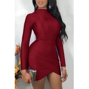 Lovely Elegant Long Sleeves Ruched Wine Red Mini D