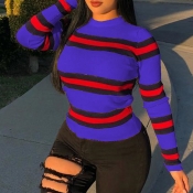 Lovely Casual Striped Royal Blue Sweaters
